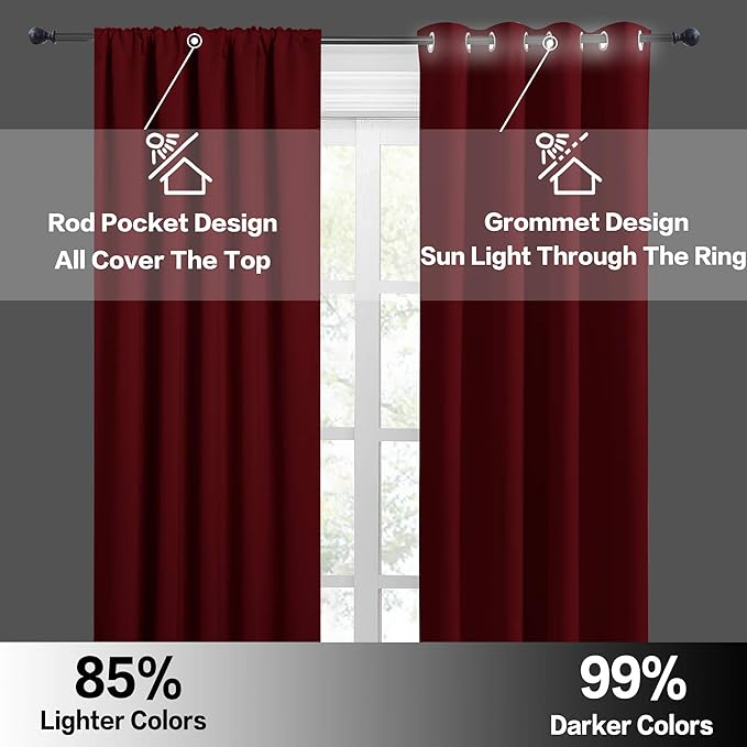 RYB HOME Blackout Curtains for Bedroom Living Room 72 inches Long, Thermal Insulated Privacy Rod Pocket Drapes for Nursery Office Home Theater, Width 42 by Length 72, Burgundy Red, 2 Panels