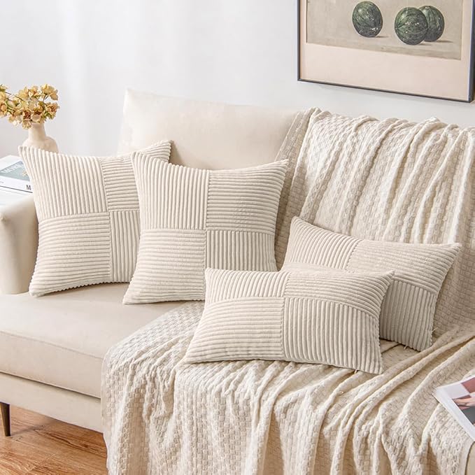 MIULEE Beige Decorative Euro Sham Pillow Covers 24x24 Inch for Bed Couch Sofa Pack of 2 Boho Neutral Farmhouse Throw Pillows Soft Cross Corduroy Patchwork Textured Cushion Cases