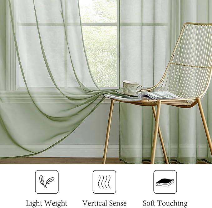 MIULEE 2 Panels Sage Green Sheer Window Curtains Elegant Window Voile Panels/Drapes/Treatment for Bedroom Living Room (54X54 Inches)