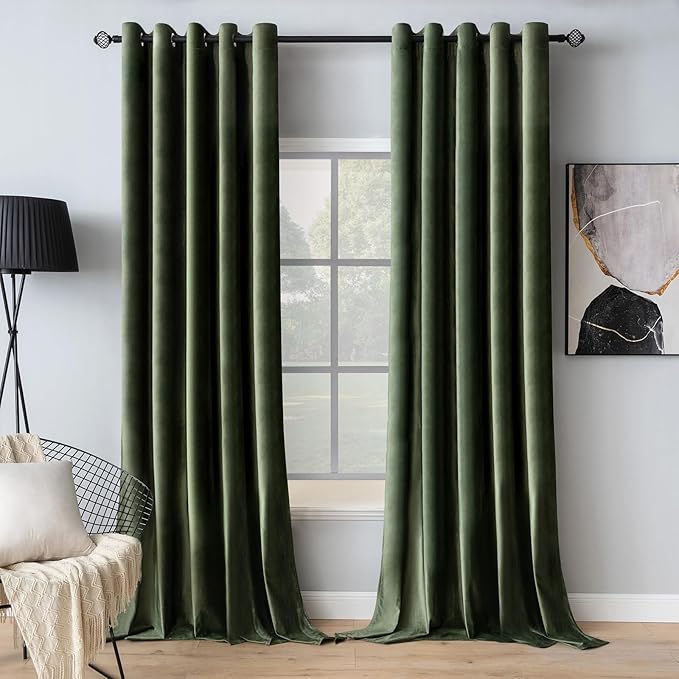 MIULEE Velvet Curtains Olive Green Elegant Grommet Thermal Insulated Soundproof Room Darkening Curtain/Drapes for Classical Living Room Bedroom Decor 66 x 84 Inch Set of 2