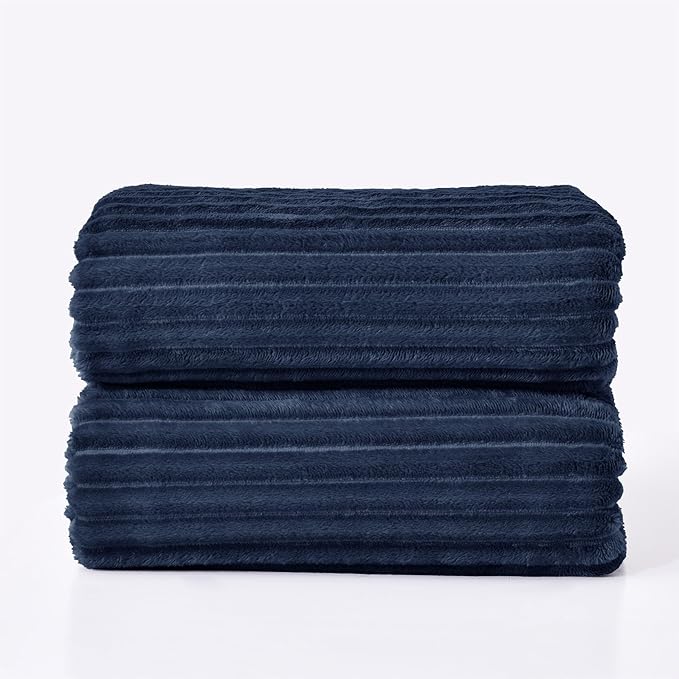 BEDELITE Fleece Blanket Queen Size – 3D Ribbed Jacquard Soft and Warm Decorative Fuzzy Blankets – Cozy, Fluffy, Plush Lightweight Throw Blankets for Couch, Bed, Sofa(Navy Blue, 90x90 inches)