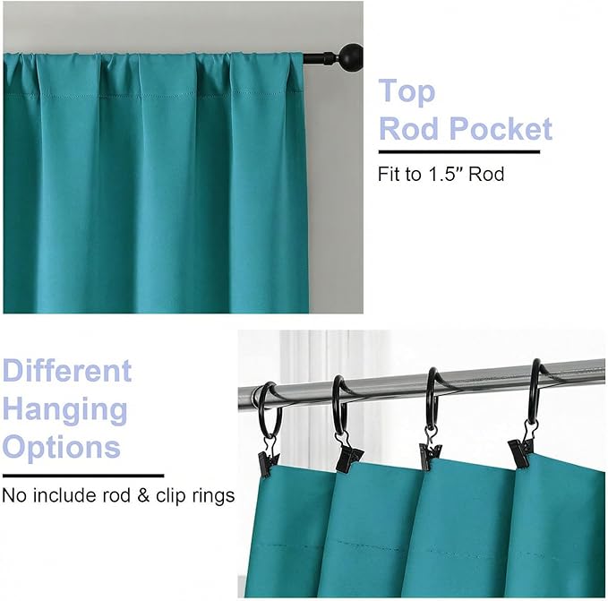 Simplebrand Ava Teal Blackout Curtains for Bedroom 63 Inch Length 2 Panels Set, Privacy Thermal Insulated Rod Pocket Door Window Curtains for Patio French Door Front Door, W40 x L63 Inch