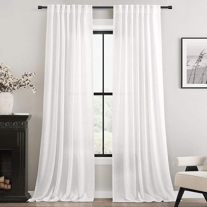 Extra Long White Curtain 144 inches Long 2 Panels Set Back Tab Light Filtering Cotton Textured Curtain Modern Farmhouse Coastal Decor Off White Linen Drapes 144 inch Length for Large Window 12 FT Tall