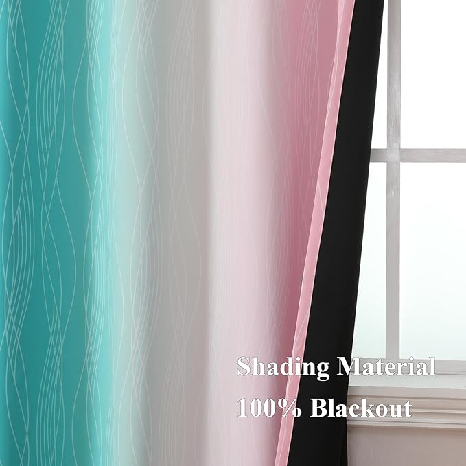 Estelar Textiler Pink and Teal Gradient Blackout Curtains for Bedroom, Thermal Insulated Ombre Drapes 84 Inches Long, Full Room Darkening Energy Saving Curtains for Living Room, 52Wx84L, 2 Panels