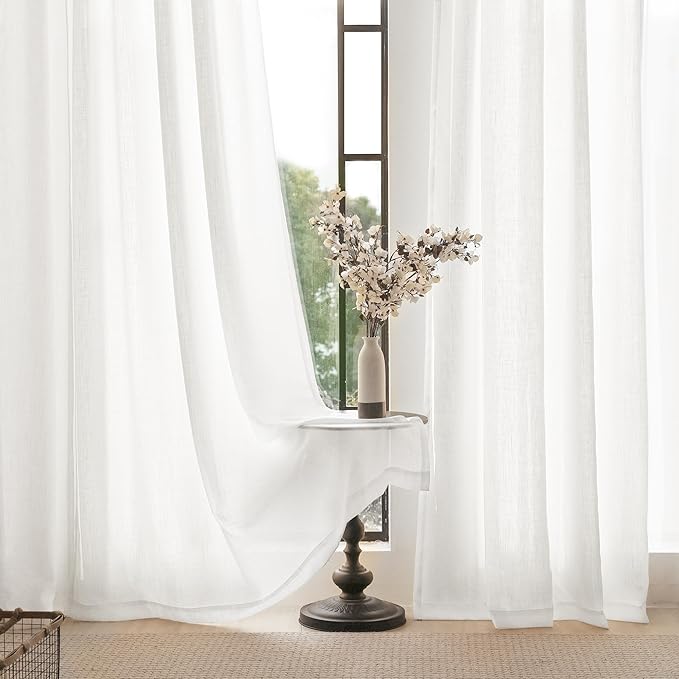 Long White Curtain 108 inches Long 2 Panels Set Back Tab Light Filtering Cotton Textured Curtain Modern Farmhouse Coastal Decor White Linen Drapes 108 inch Length for Large Window 9 FT Tall 60x108