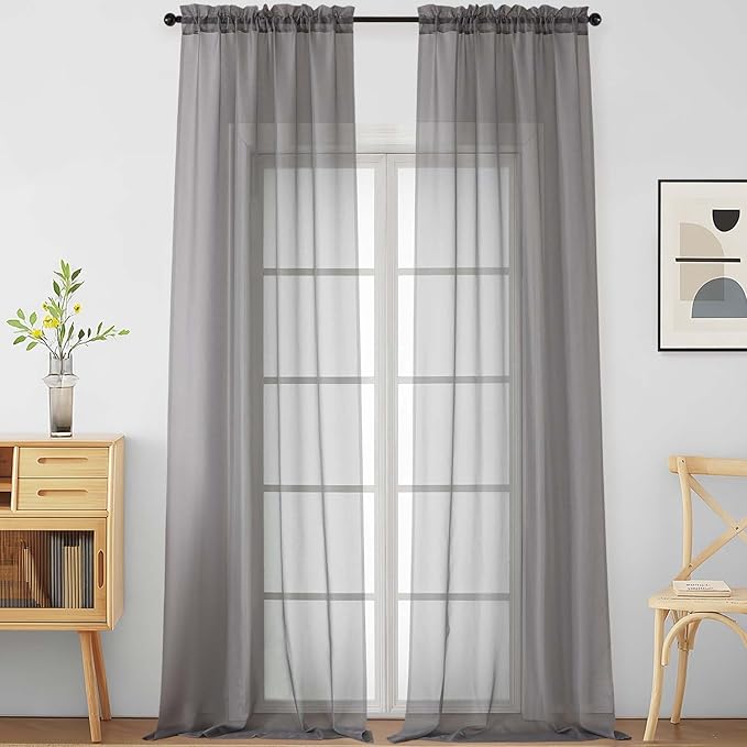 Grey Sheer Curtains for Windows 108 inches Long 2 Panels Set, Soft Airy Lightweight Drapes for Living Room Bedroom, Dual Rod Pocket Sheer Curtains, Charcoal Grey, 2x42Wx108L inches