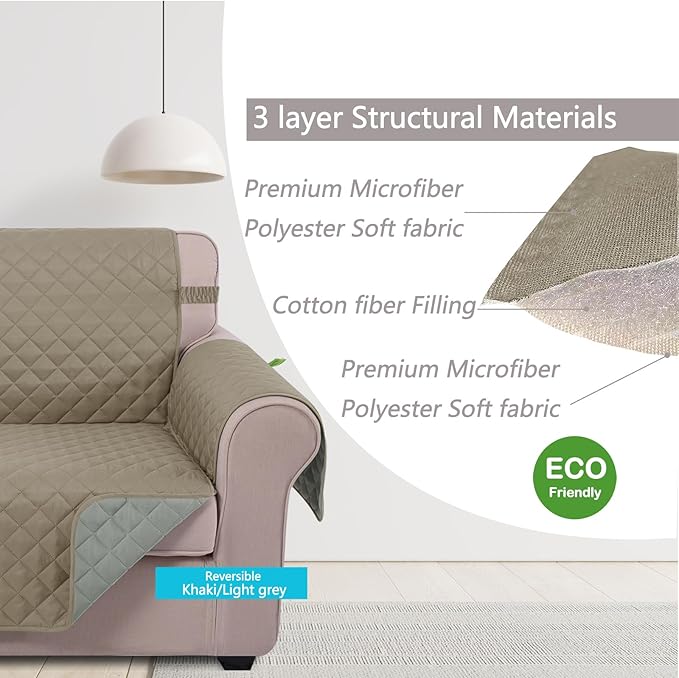 U-NICE HOME Reversible Sofa Cover Couch Cover for Dogs with Elastic Straps Water Resistant Furniture Protector for Pets Couch Cover for 3 Cushion Couch (Sofa, Khaki/Light Grey)