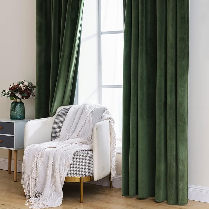 MIULEE Velvet Curtains 100 inches - Luxury Blackout Curtains for Bedroom Living Room Thermal Insulated Super Soft Window Drapes Rod Pocket & Back Tab, Olive Green, W52 x L100 inches, 2 Panels