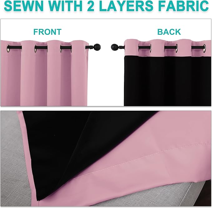 NICETOWN 100% Blackout Short Curtains with Black Liners, 2 Panels, 37" W by 40" L, Crystal Pink, Thermal Insulated Full Blackout 2-Layer Lined Drapes, Energy Efficiency Window Draperies for Bedroom