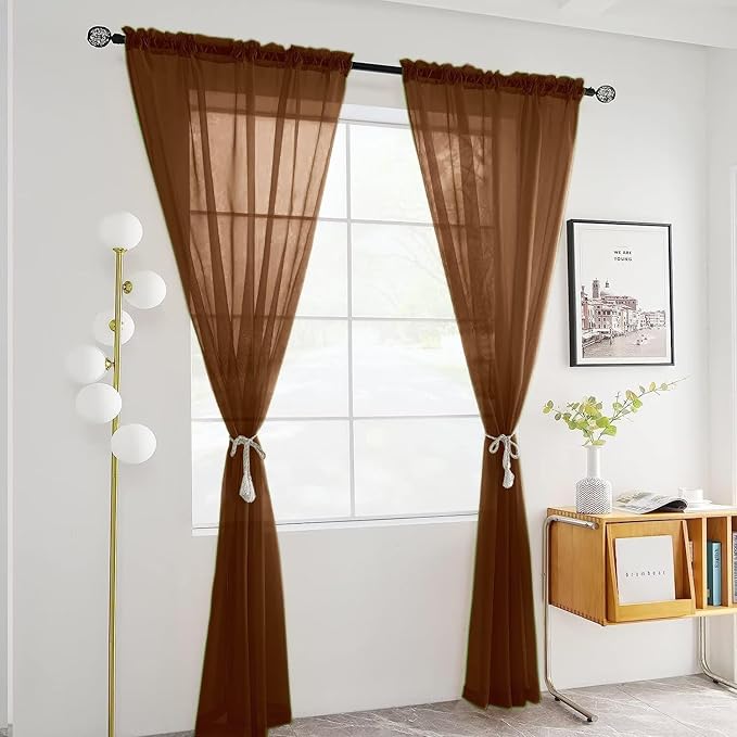 SpaceDresser Sheer Voile Window Treatment Rod Pocket Curtain Panels for Kitchen Bedroom Living Room Drapes Sunlight Filtering Privacy Semi Home Decor Assorted (Brown, 52 W x 54 L)