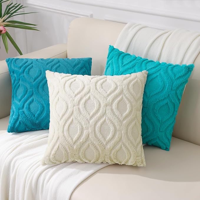 decorUhome Summer Throw Pillow Covers 26x26 Inch Set of 2, Soft Plush Faux Wool Teal Solid Couch Pillow Covers, Accent Euro Sham Farmhouse Neutral Square Pillow Cases for Sofa Bed Living Room
