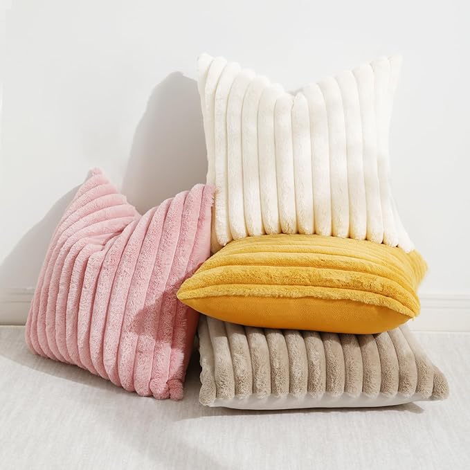 decorUhome Summer Cozy Faux Fur Throw Pillow Covers 20x20 Set of 2 Decorative Soft Plush Striped Modern Farmhouse Boho Couch Pillow Cases with Velvet Back for Sofa Bed Living Room, Pink