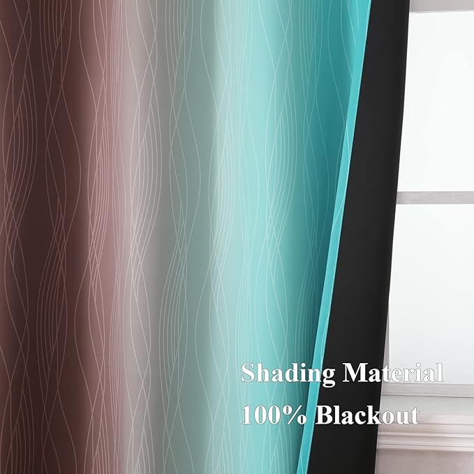 Estelar Textiler Brown and Teal Ombre Blackout Curtains 63 Inches Long for Kids Room, Thermal Insulated Gradient Full Light Blocking Grommet Blackout Drapes for Bedroom, 52Wx63L, 2 Panels