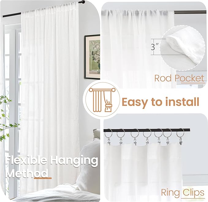 BGment White Linen Curtains 48 Inch Length for Short Window - Natural Semi Sheer Drapes Light Filtering with Rod Pocket for Living Room Bedroom Kitchen Lightweight Rustic, 2 Panels Set, 42 X 48 Inch