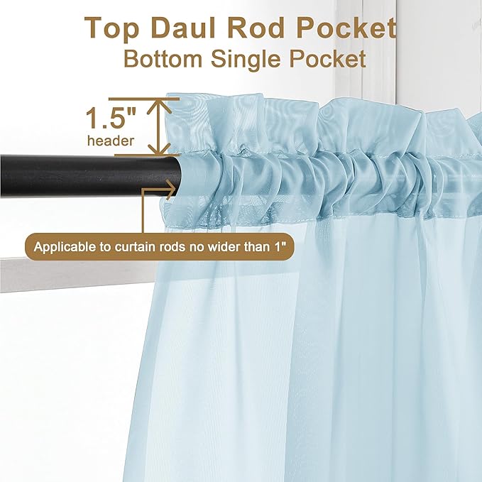 Chyhomenyc Light Blue Sheer Curtains 63 Inch Length 2 Panels, Light Filtering Airy Rod Pocket Window Curtain Treatment Drapes for Bedroom Living, Each 42Wx63L Inches