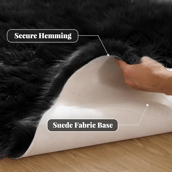 ORINOVA Black Faux Sheepskin Washable Fluffy Fur Area Rugs for Bedroom Small Fuzzy Carpet for Living Room 2x3 Boho Nursery Rug