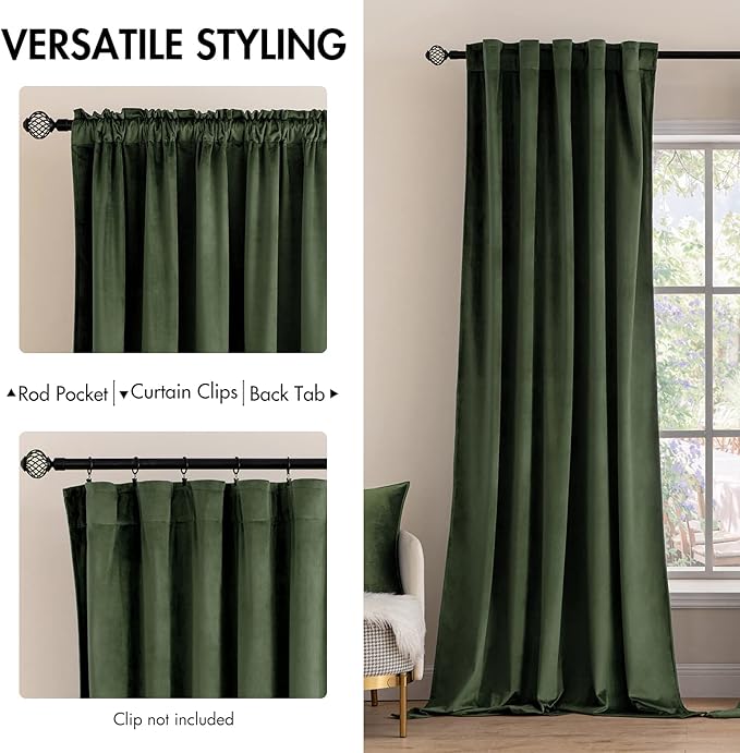 MIULEE Velvet Curtains 102 inches - Luxury Blackout Curtains for Bedroom Living Room Thermal Insulated Super Soft Window Drapes Rod Pocket & Back Tab, Olive Green, W52 x L102 inches, 2 Panels