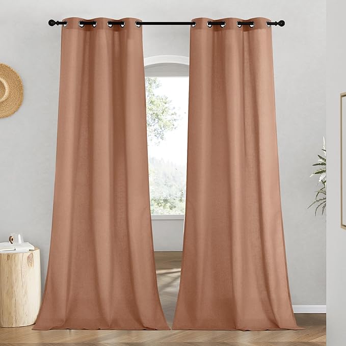 NICETOWN Linen Curtains for Windows 90 inch Long, Grommet Semi Sheer Vertical Drapes Privacy Added with Light Filtering for Doorway/Living Room, Terracotta, W42 x L90, 2 Pieces