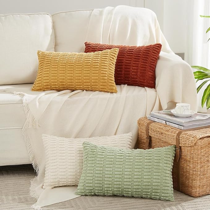 Fancy Homi 4 Packs Fall Boho Long Lumbar Decorative Throw Pillow Covers 12x24 Inch for Couch Bed Sofa, Aesthetic Modern Farmhouse Home Decor, Soft Striped Corduroy Rectangle Cushion Case 30x60 cm