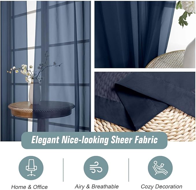 Navy Blue Window Sheer Curtains 45 Inches Length, Voile Short Curtains for Living Room Bedroom, Modern Soft Window Drapes 2 Panels Set, Top Dual Rod Pocket Design, 2x42Wx45L Inches