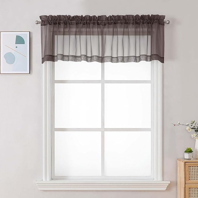 Chyhomenyc Chocolate Brown Sheer Valances for Windows - Light Filtering Small Kitchen Curtains, Rod Pocket Short Top Window Treatment Decor for Living Room Bathroom Basement, 42Wx16L inches, 2 Panels