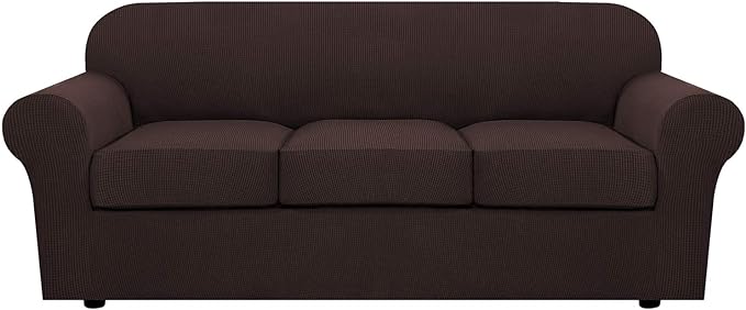 H.VERSAILTEX 4 Piece Stretch Sofa Covers for 3 Cushion Couch Covers for Living Room Furniture Slipcovers (Base Cover Plus 3 Seat Cushion Covers) Upgraded Thicker Jacquard Fabric (Sofa, Chocolate)