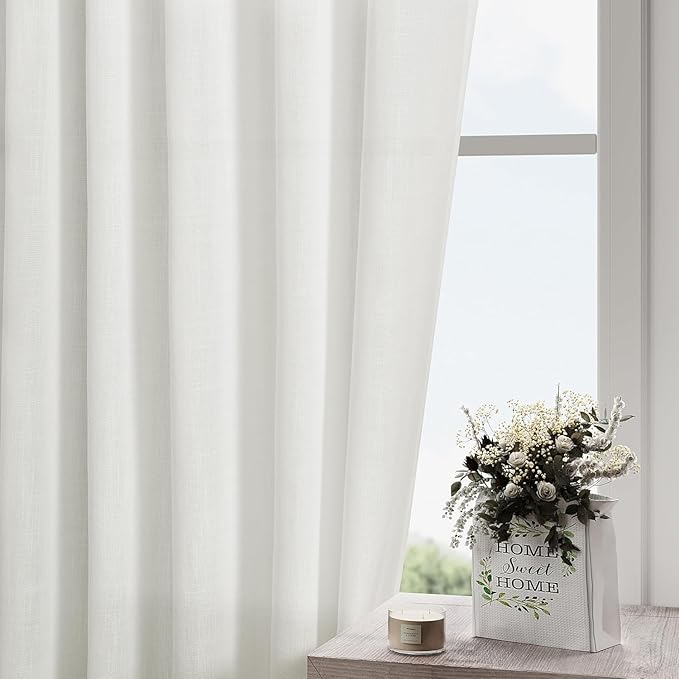Off White Linen Curtains 108 Inches Long 2 Panels Set Back Tab Rod Pocket Semi Sheer Cotton Textured Light Filtering Extra Long Curtain Farmhouse High Ceiling Curtains for Living Room 9Ft 40x108