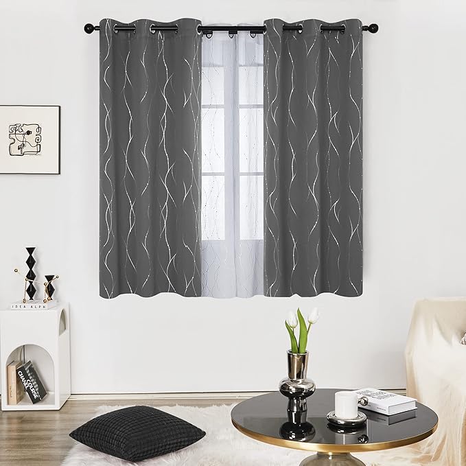 Deconovo Kitchen Curtains, Short Blackout Drapes 42 x 54 Inch, Thermal Insulated Soundproof Grommet Drape, Silver Wave Dots Foil Print Curtain for Small Windows, Living Room, Light Grey, Set of 2