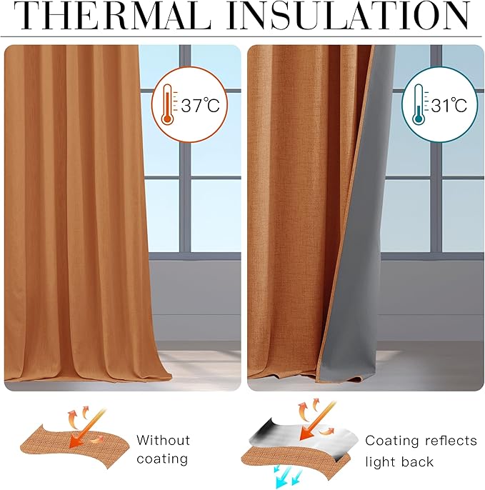 RYB HOME Burnt Orange Total Blackout Curtains Linen Texture, Fall Curtains for Bedroom/Living Room/Office, Thermal Insulated Boho Farhmouse Home Decor, Luxury Privacy Drapes, W52xL96, 2 Panels
