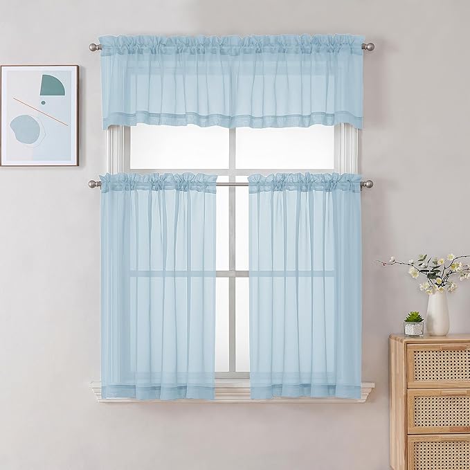 Chyhomenyc Sky Blue Sheer Valances for Windows - Light Filtering Small Kitchen Curtains, Rod Pocket Short Top Window Treatment Decor for Living Room Bathroom Basement, 42Wx16L inches, 2 Panels