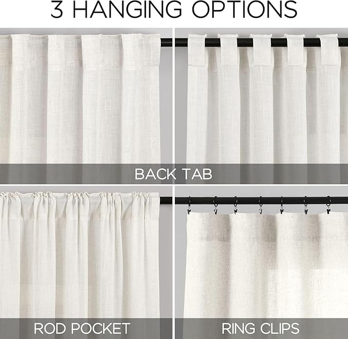 Beige White Linen Curtains for Kitchen Windows Over Sink Neutral 30 Inch Length Back Tab and Rod Pocket Light Filtering Semi Sheer Cafe Curtain for Bathroom RV Small Window 36 x 30 Inch,2 Panels