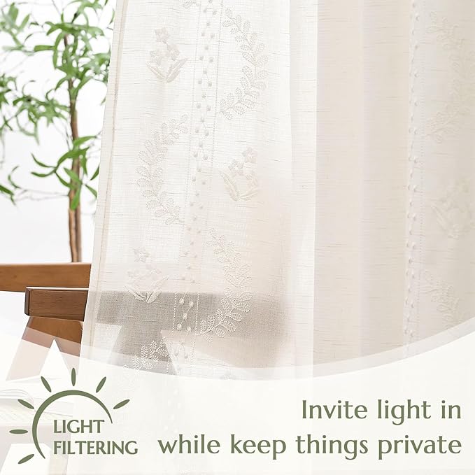 jinchan Belrose Linen Curtains for Bedroom Floral Curtains 63 Inch Length Linen Blend White Embroidered Drapes Farmhouse Flower Patterned Drapes for Living Room Window Treatments Set 2 Panels