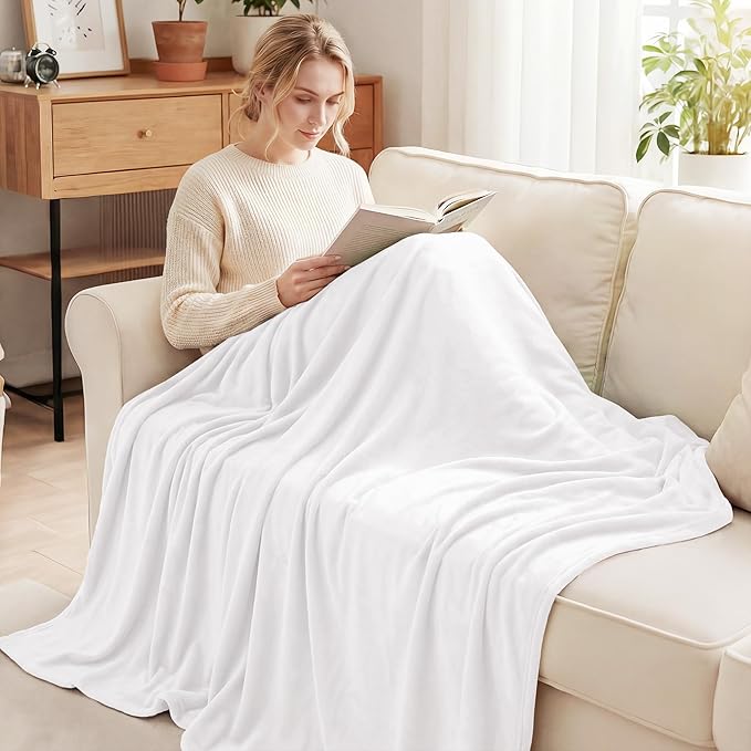 Exclusivo Mezcla Fleece Blankets Queen Size for Bed, Super Soft and Warm, All Season, Cozy, Plush, Lightweight, 90x90 Inches, Pure White