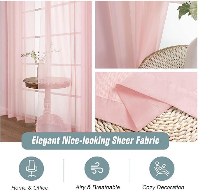 Blush Pink Sheer Curtains for Windows 108 inches Long 2 Panels Set, Soft Lightweight Light Filtering Drapes for Living Room Bedroom, Dual Rod Pocket Sheer Curtains, 2x42Wx108L inches