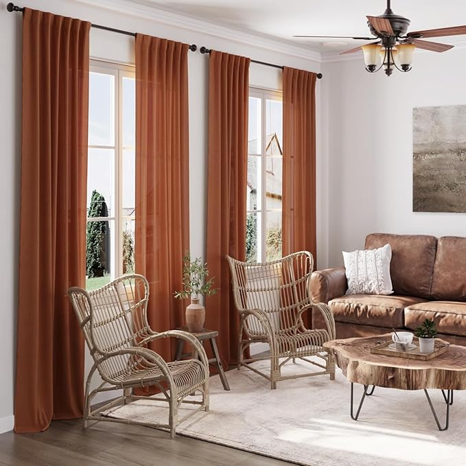 Nanspring Terracotta Long Linen Curtains 102 Inches Long 2 Panel Set Back Tab Boho Rustic Farmhouse Curtain for Living Room Semi Sheer Floor to Ceiling Luxury Home Decor for Bedroom Office 60x102