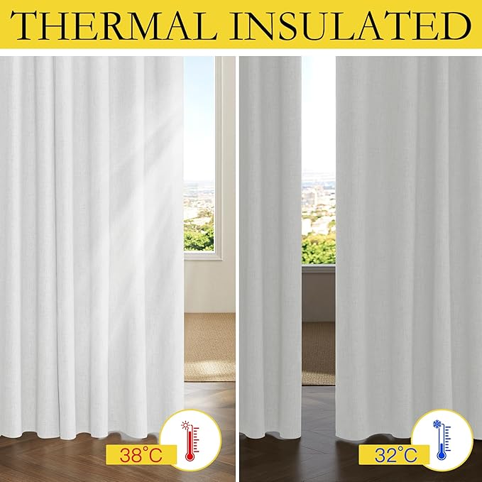 NICETOWN 100% Absolutely Blackout Linen Curtains with Thermal Insulated Liner, Greyish White, 52" Wide, 48" Length Energy Saving Curtains for Living Room 2 Panels Set, Vertical Blinds