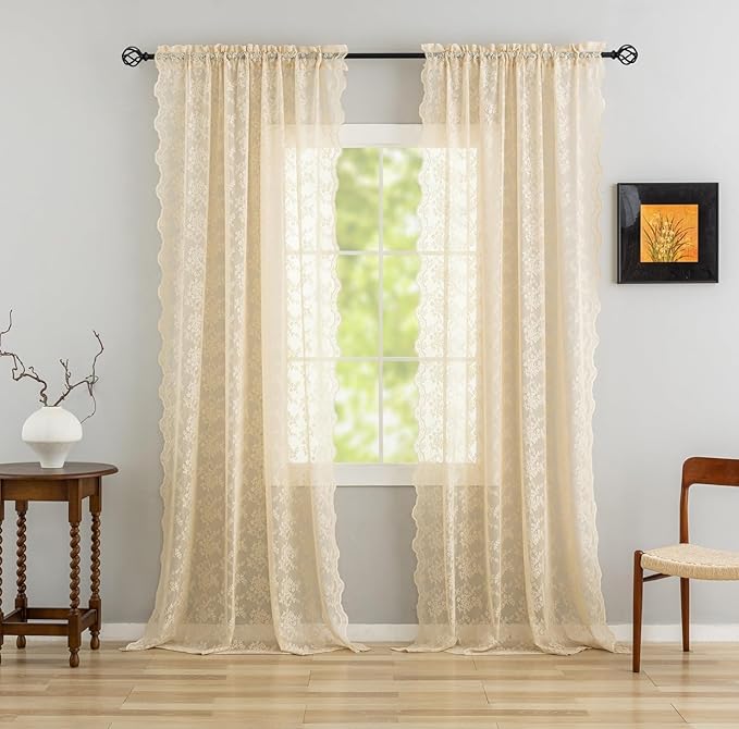 YJ YANJUN Vintage Lace Curtains 102 Inch Long-Victorian Floral Pattern Beige Sheer Curtain Panels for Living Room Home Office Light Filtering Ceiling to Floor for Large Window W52 X L102 Light Beige