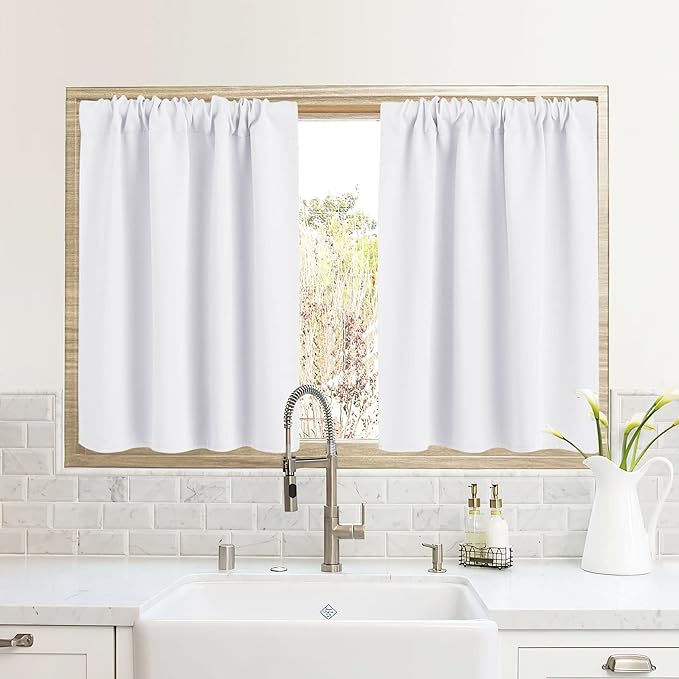 RYB HOME RV Curtains for Camper Windows, Mini Small Thermal Insulated Sunlight Heat Blocking Blocking Privacy Portable Curtains for Travel Trailer, Width 34 by Length 24, Pure White, 2 Panels