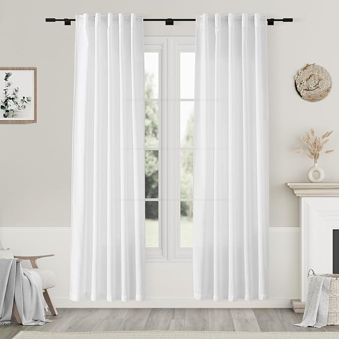 Nanspring White Linen Curtains 80 Inch Length for Living Room Doorway Back Tab and Rod Pocket Light Filtering Curtains Modern Farmhouse for Bedroom Office 34 x 80 Inch, 2 Panels