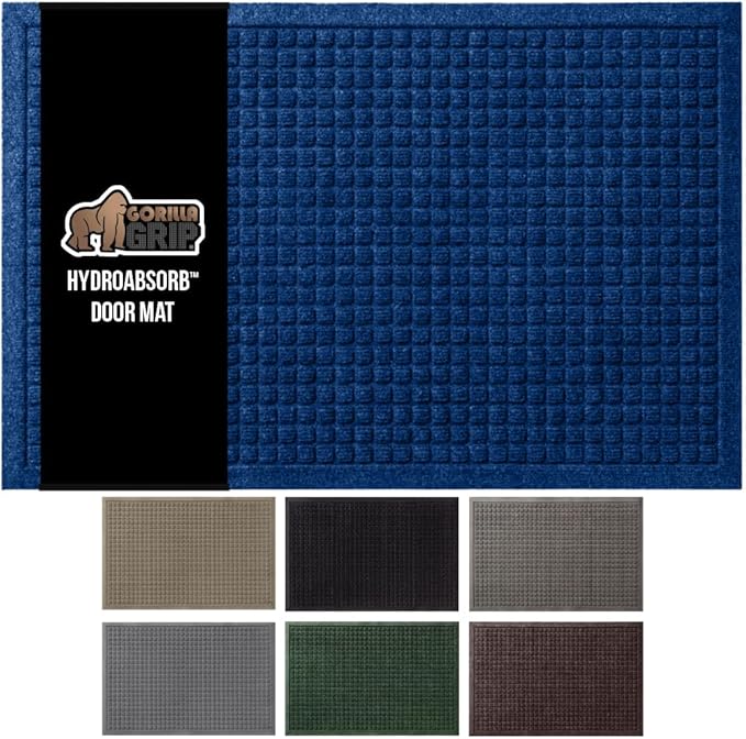 GORILLA GRIP® Ultra Absorbent Front Door Mat Outside Entrance, Traps Dirt and Moisture, HydroABSORB Indoor Outdoor Doormat Holds Up to 1.7 Cups Water, Stain and Fade Resistant Welcome Mat, 29x17, Blue
