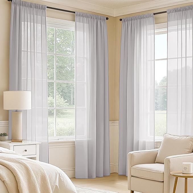 MIULEE Greyish Lilac Sheer Curtains 96 Inches Long, 4 Panels Set, Rod Pocket Light Filtering Window Drapes for Bedroom and Living Room, Elegant Airy Fabric, 54 x 96 Inches