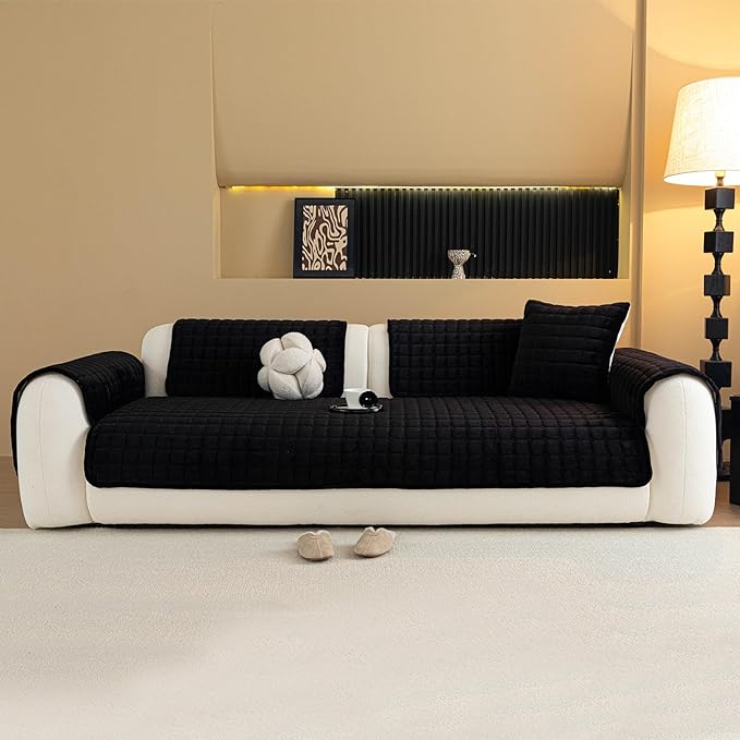 Velvet Couch Cover, Plush Sectional Sofa Cover Washable, Anti Slip Sofa Slipcover for 4 Cushions Sofas, Furniture Protector Covers for Pets & Kids(1PC, Black, 35.4"×94.5", 4-Seater)