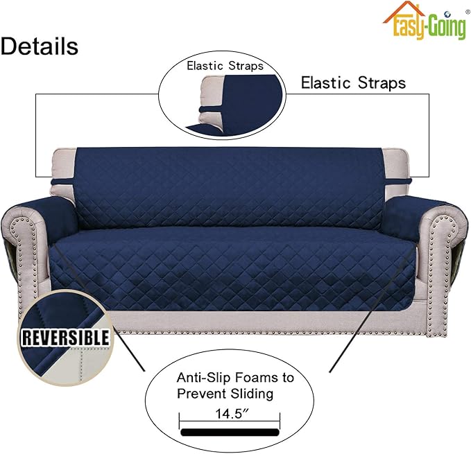 Easy-Going Reversible Loveseat Couch Cover for 2 Cushion Couch Sofa Cover for Dogs Water Resistant Furniture Protector with Foam Sticks Elastic Straps for Pet (Loveseat, Navy/Ivory)
