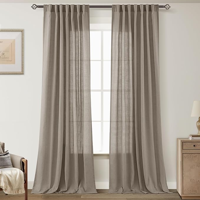 Taupe Linen Curtains 102 inches Long for Living Room Back Tab Rustic Farmhouse Semi Sheer Light Filtering Window Curtain Dining Room Soft Thick Flax Linen Textured Drapes Burlywood Birch Dark Brown