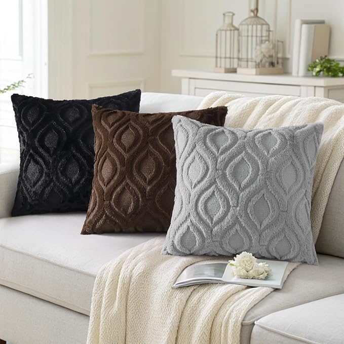 decorUhome Throw Pillow Covers 18x18 Inch Set of 2, Soft Plush Faux Wool Black Solid Couch Pillow Covers, Accent Farmhouse Neutral Square Pillow Cases for Sofa Bed Living Room