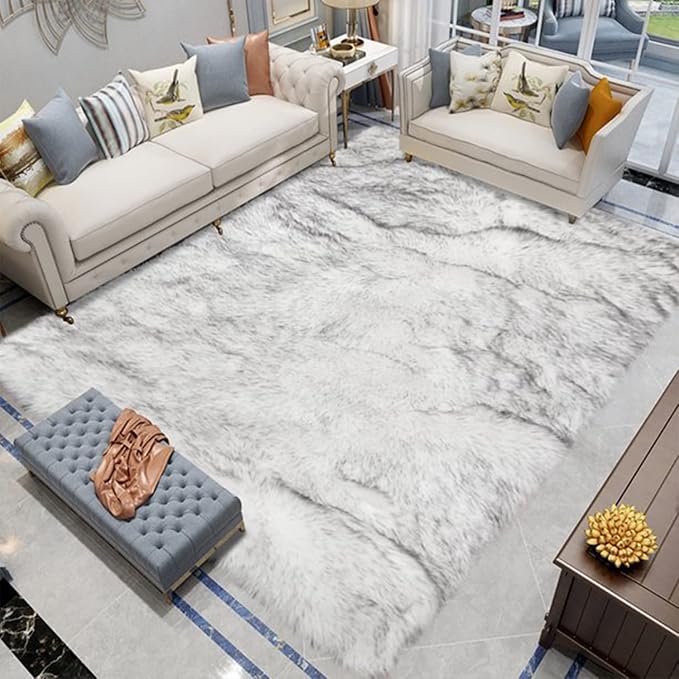 Latepis 10x14 White with Grey Tips Fur Rug for Living Room Faux Sheepskin Fluffy Shag Rug for Bedroom Fuzzy Rug Room Décor Entertainment Room, Rectangle