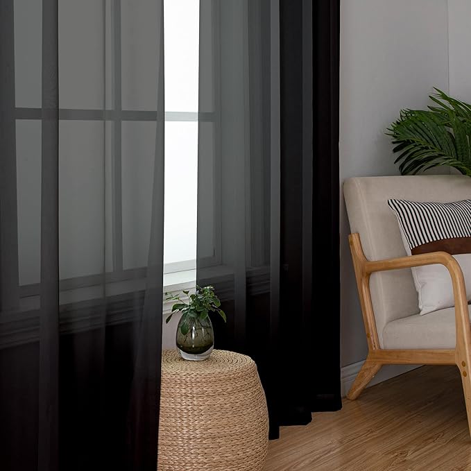 Simplebrand Black Sheer Curtains 90 Inches Long, Light Filtering Rod Pocket Solid Color Window Sheer Curtain Panels, Elegant Curtains & Drapes for Living Room, Bedroom 2 Panels (Black, 42" W x 90" L)