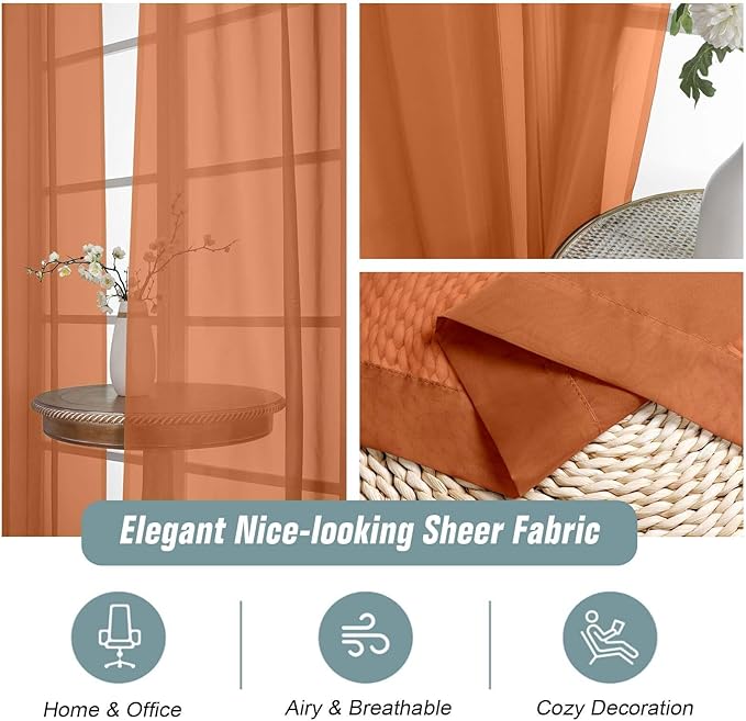 Orange Sheer Curtains 63 Inch Length 2 Panels, Voile Sheer Curtain for Living Room, Breathable Light Filtering Modern Window Treatments, Soft Fabric Dual Rod Pocket Drapes, 2x42Wx63L Inches