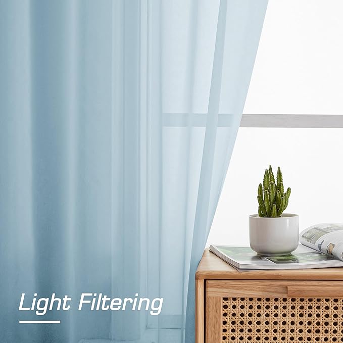 OWENIE Sheer Curtains 96 inches Long for Bedroom Living Room, Solid Light Filtering Fimly Sheer Curtains with Rod Pocket Top, Soft Sheer Long Curtains, Each 42Wx96L inch, Sky Blue