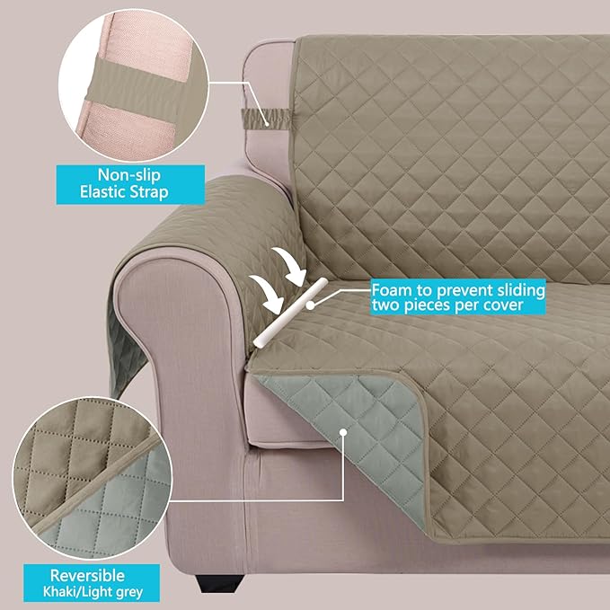 U-NICE HOME Recliner Chair Covers Reversible Chair Cover Pet Covers for Dogs with Elastic Straps Water Resistant Diamond Quilted (28''Recliner Oversized, Khaki/Light Grey)